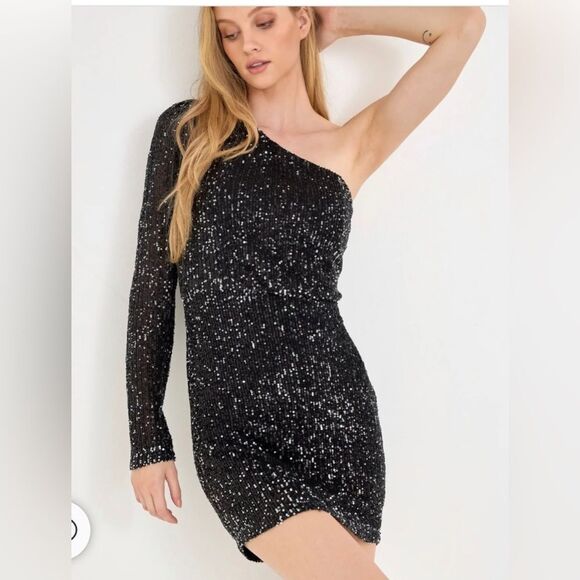 Endless Rose black one sleeve one shoulder sequin mini dress L - Picture 1 of 13